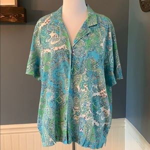 Pappagallo Vintage Paisley Blue Green Floral Boho Button Front Blouse Top XL